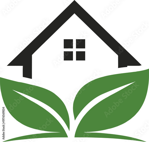 green leaves, symbolizing eco-friendly living, sustainability, and environmentally conscious real estate. The clean black and green color palette represents balance, growth, and modern design. Ideal f