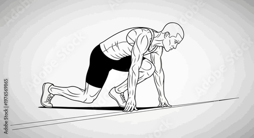 Athlete at starting blocks, ready for sprint race, black and white illustration