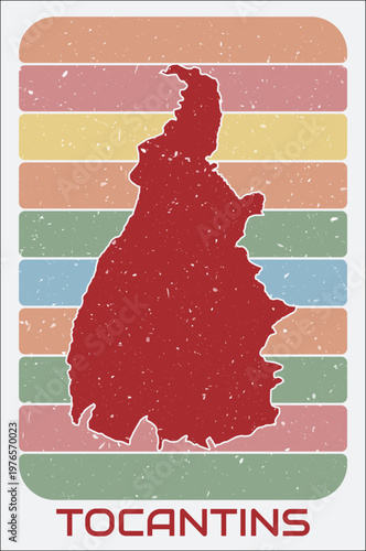 Tocantins, Brazil vintage logo. Shape of the state on retro colored stripes background. Tocantins, Brazil map design with grunge scratch texture. Vector illustration.