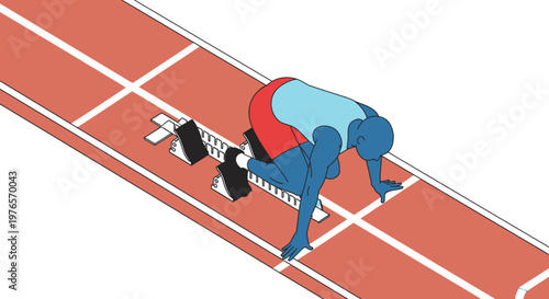 Athlete in starting blocks on a running track, ready to sprint