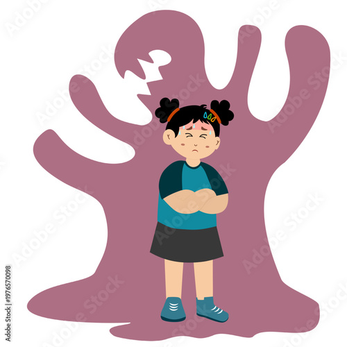 Cute little kid suffering from schizophrenia, paranoid, vector illustration.