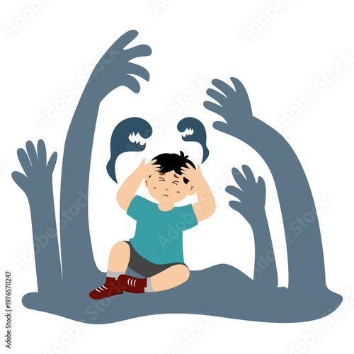 Cute little kid suffering from schizophrenia, paranoid, vector illustration.