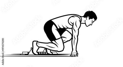 Athlete starting race from starting blocks, sprinter preparing for sprint, focus and determination