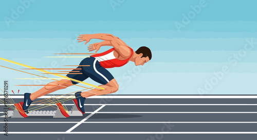 Athlete Sprinting from Starting Blocks, Speed Lines, Track and Field Competition