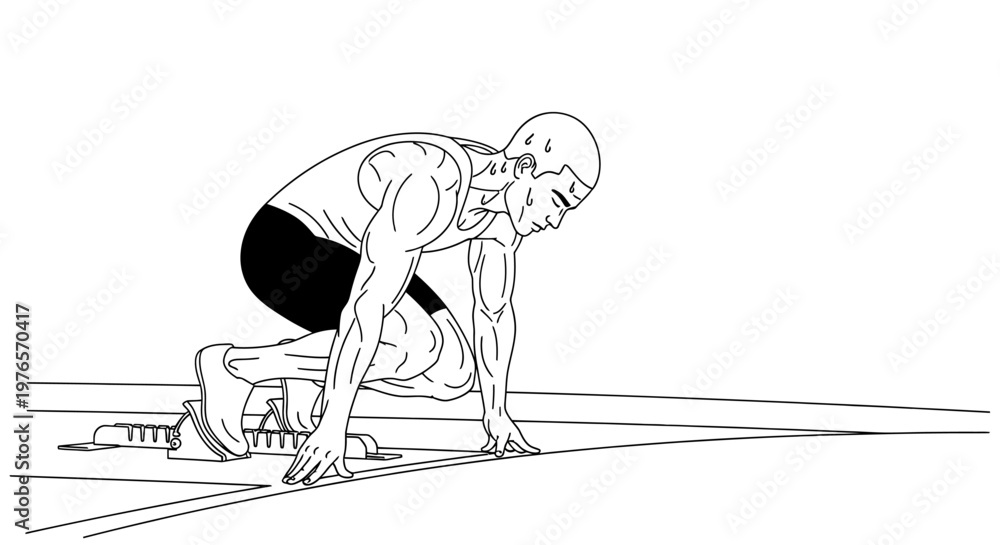 Fototapeta premium Runner Crouching at Starting Blocks on Track, Race Preparation, Sprinting