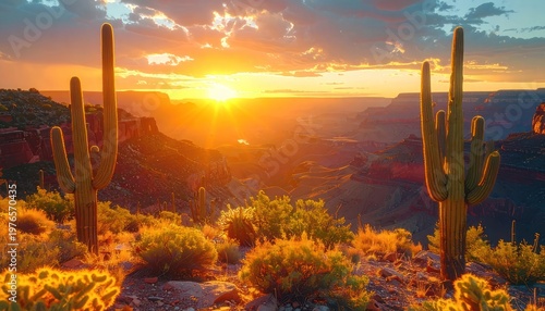 A vibrant sunset illuminates the majestic Grand Canyon, framed by iconic saguaro cacti.