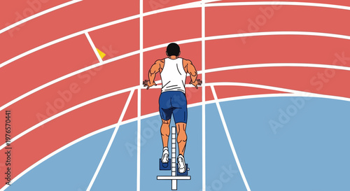 Runner Ready at Starting Blocks on Track - Sprint Race Preparation