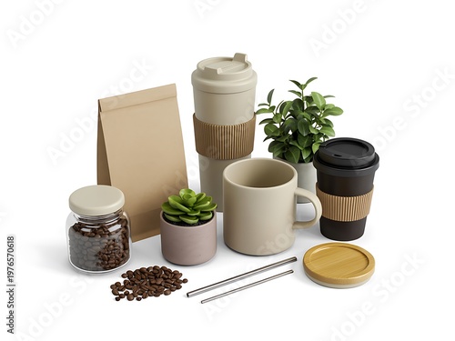 Collection of eco friendly coffee travel accessories with small potted plants