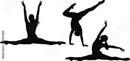 Gymnast silhouette illustration, dancer vector artwork, flexibility design symbol, acrobatic pose graphic, balance artwork, strength movement icon set