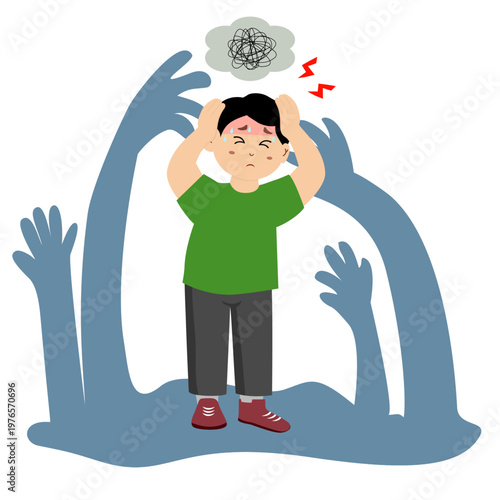 Cute little kid suffering from schizophrenia, paranoid, vector illustration.
