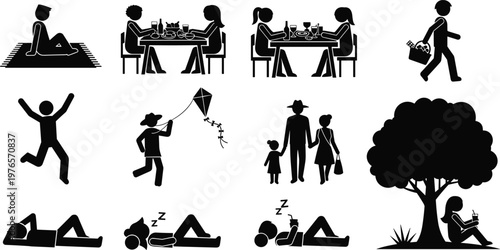 Leisure activity silhouette illustration, everyday life vector artwork, recreation design symbol, family time graphic, relaxation artwork, lifestyle icon set