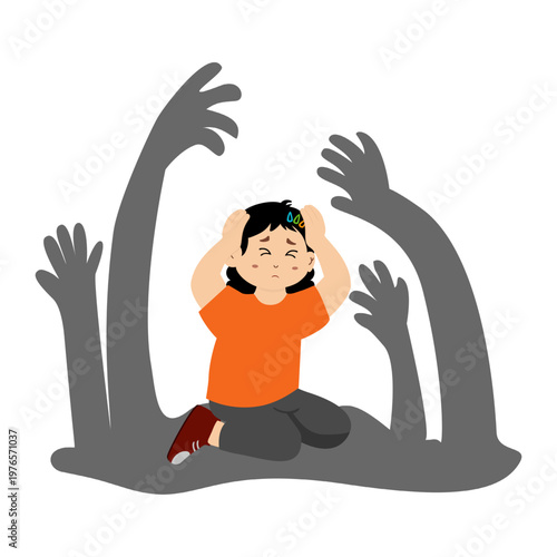 Cute little kid suffering from schizophrenia, paranoid, vector illustration.