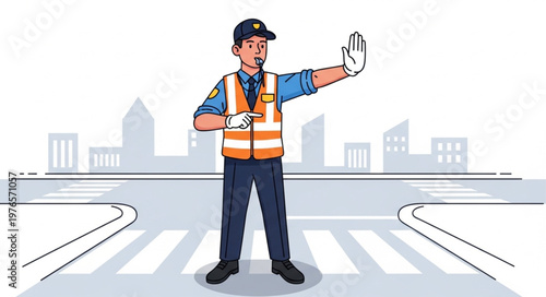 Traffic police officer directing vehicles at crosswalk.
