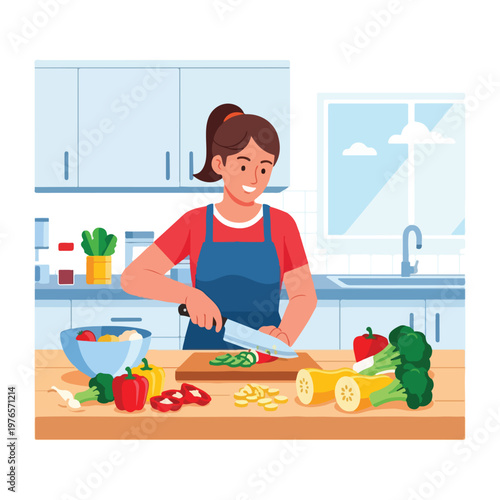 A person in a kitchen is chopping vegetables on a wooden cutting board