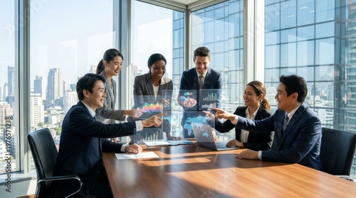 Professional diverse team meeting in bright modern office workspace with technology displays