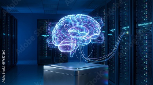 AI technology concept with neural network brain hologram and glowing circuit connections
