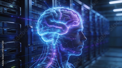 Glowing AI brain hologram neural network floating in futuristic digital environment