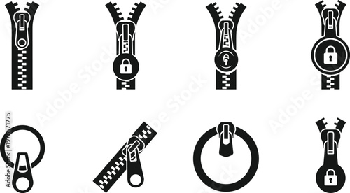 Zipper silhouette illustration, lock vector artwork, fastening design symbol, security closure graphic, privacy protection artwork, fashion accessory design