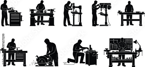 Industrial workers silhouettes, welding, drilling, sawing, lathe operation, workshop tools, manufacturing process, skilled trades, craftsmanship