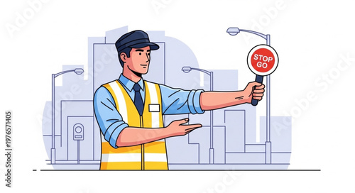 Uniformed Traffic Controller Holding Stop Sign Directing Vehicles.