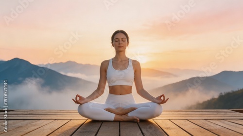 Woman yoga meditation pose on mountain peak at golden sunrise wellness lifestyle