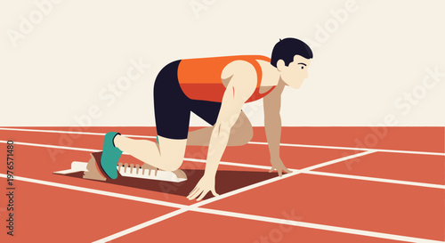Athlete at starting block, ready to sprint on a race track, sports illustration