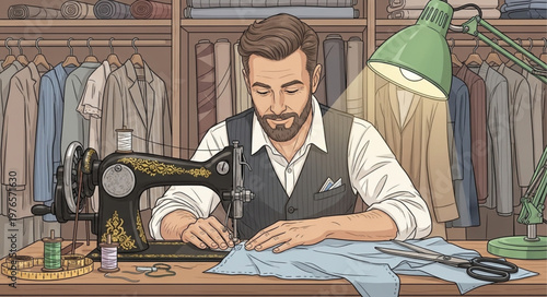 Male Tailor Sewing Garment by Hand and Machine.