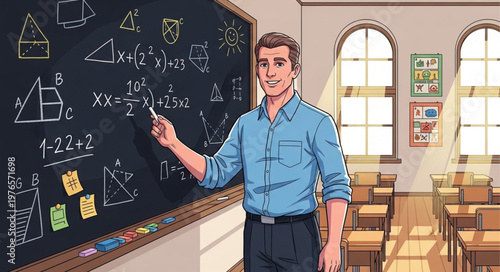 Male teacher pointing at chalkboard in classroom.