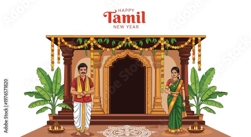 An illustration shows a traditionally dressed Tamil couple standing in front of a decorated temple entrance for the Tamil New Year festival, set against a clean white background