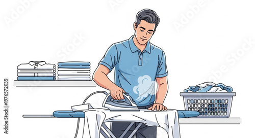Man ironing clothes on ironingboard performing household task.