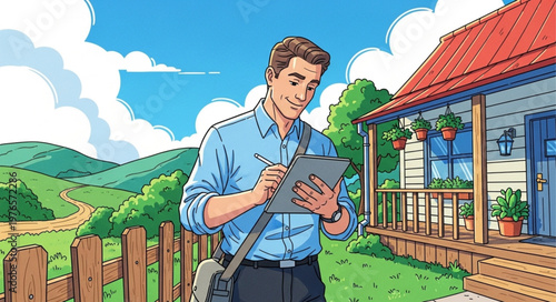 Man Using Tablet Device Outdoors Writing Notes.