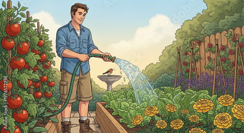Man Watering Garden With Hose Tending Plants.