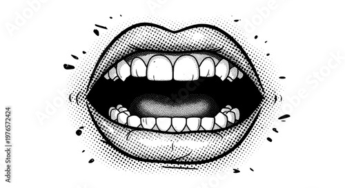 Closeup of a laughing mouth with teeth and tongue