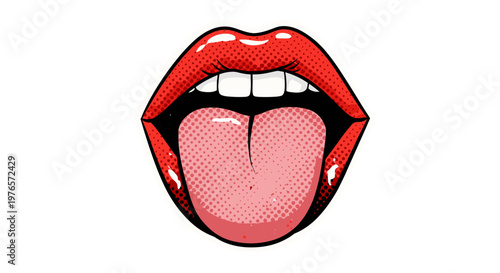 Closeup of a tongue sticking out with open mouth and red lips