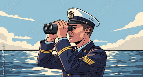 Naval officer in uniform using binoculars at sea.