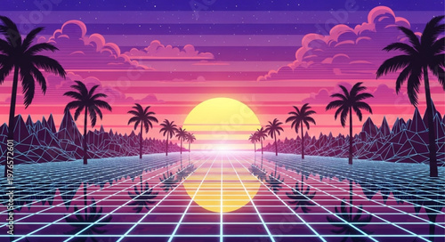 Neon Sunset Over Retro Palm Tree Grid.
