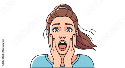 Animated woman with surprised expression holding face in shock