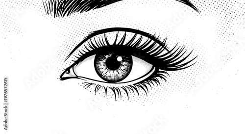 Detailed black and white illustration of a human eye with eyelashes