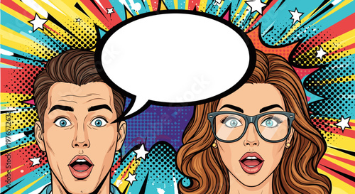 Surprised young man and woman with comic book style background