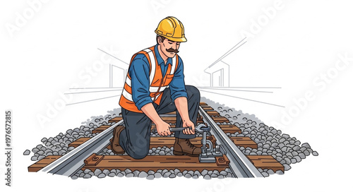 Railway track maintenance worker installing rail fasteners and tools.