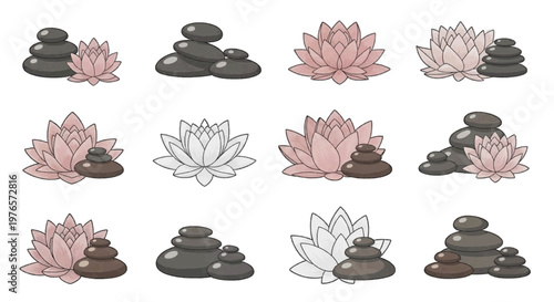 Vector illustration of set of spa stones and lotus flowers for relaxation and meditation on transparence background