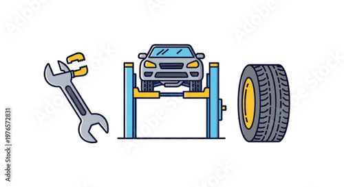 Vector illustration of car repair and maintenance icons set with wrench, lift and tire on transparence background