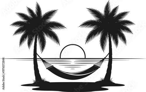 Woman Relaxing in Hammock on Tropical Beach at Sunset Silhouette