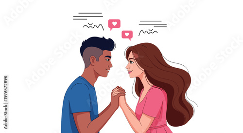 Young couple holding hands and looking at each other with affection