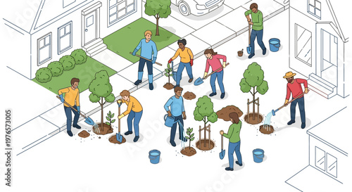 Isometric illustration showing people participating in an urban reforestation project, planting trees with shovels and buckets in a neighborhood setting, presented with a clean, bright