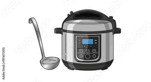Vector illustration of electric pressure cooker and a metal ladle on transparence background
