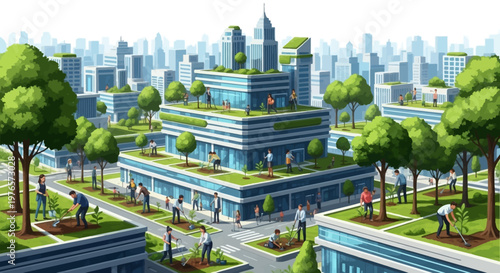 Isometric 3D illustration depicting an urban reforestation initiative, showcasing people planting trees around a modern city building with green roofs, conveying an eco-friendly