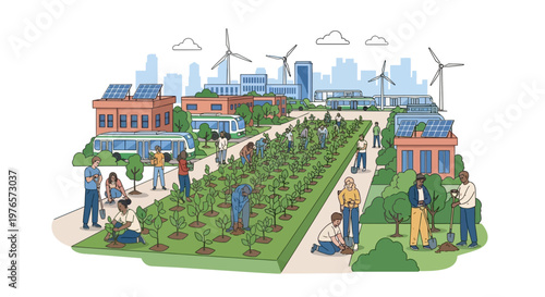 Isometric 3D illustration depicting an urban reforestation project with people planting trees along a pathway in a green city environment, showcasing a business commitment to eco-friendly