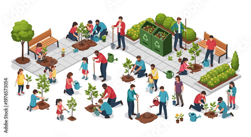 Isometric illustration showing an urban reforestation initiative featuring families planting trees and gardening in a city environment, demonstrating a collaborative effort towards