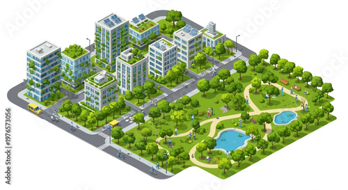 Isometric 3D vector illustration showcasing an urban reforestation project with green eco-friendly buildings and lush trees, set against a clean white background that highlights